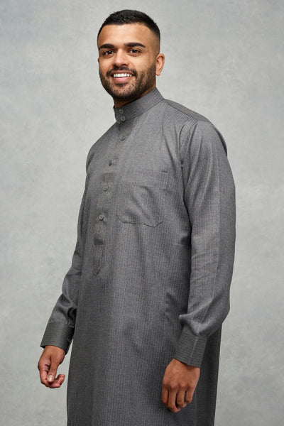 Saudi Style Pinstripe Charcoal Thobe With Cuffs