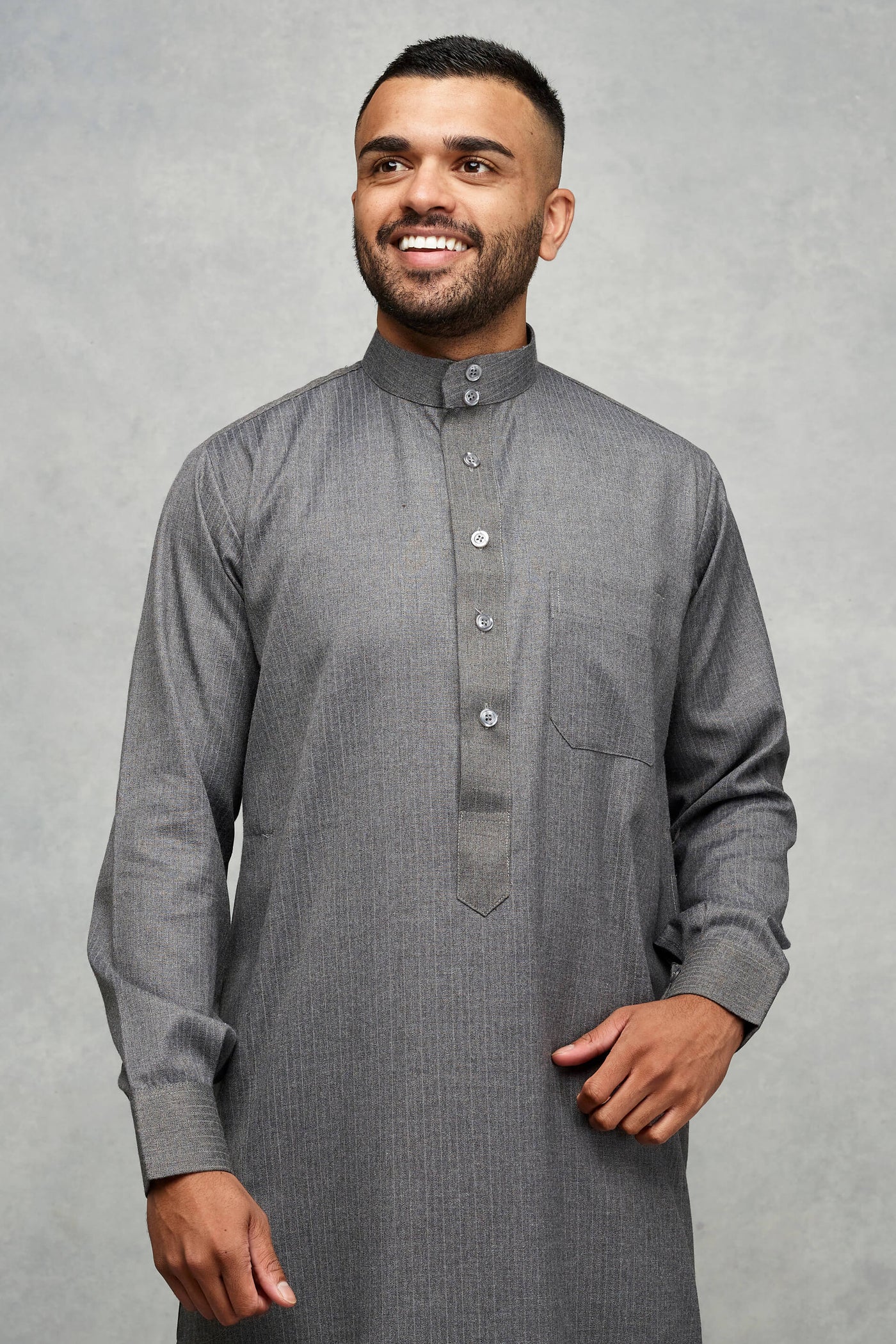 Saudi Style Pinstripe Charcoal Thobe With Cuffs