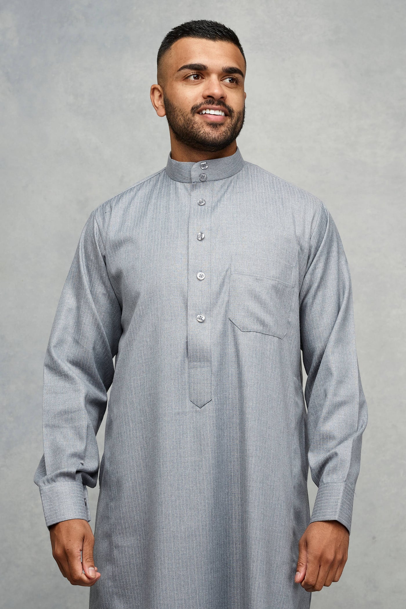 Saudi Style Pinstripe Silver Grey Thobe With Cuffs